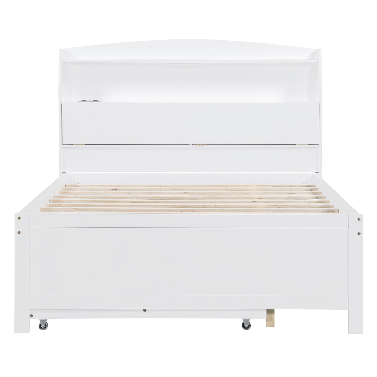 Merax Full Size LED Platform Bed with USB Outlets, Modern Wooden Bed Frame with Trundle, Storage Headboard and Drawers, No Box Spring Needed, White Merax