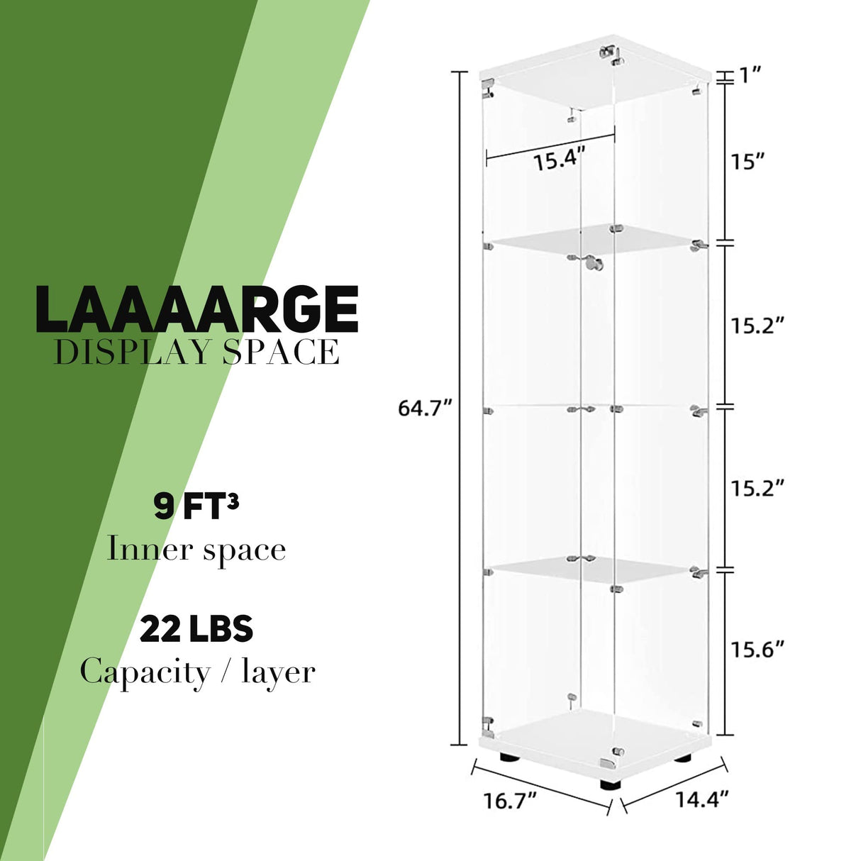 Beauty4U Glass Display Cabinet with 4 Shelves, Curio Cabinets for Living Room, Bedroom, Office, White Floor Standing Glass Bookshelf, Quick Installation Beauty4U