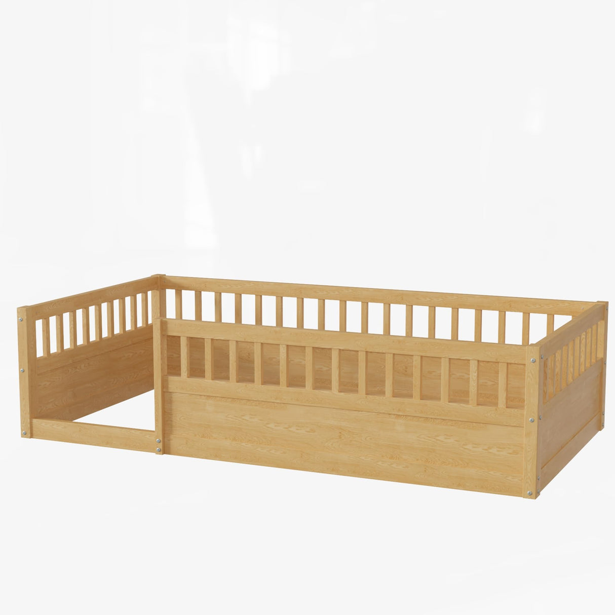 Mirightone Twin Size Montessori Floor Bed with High Fence Railings – Natural Wood Playhouse Design for Kids Mirightone