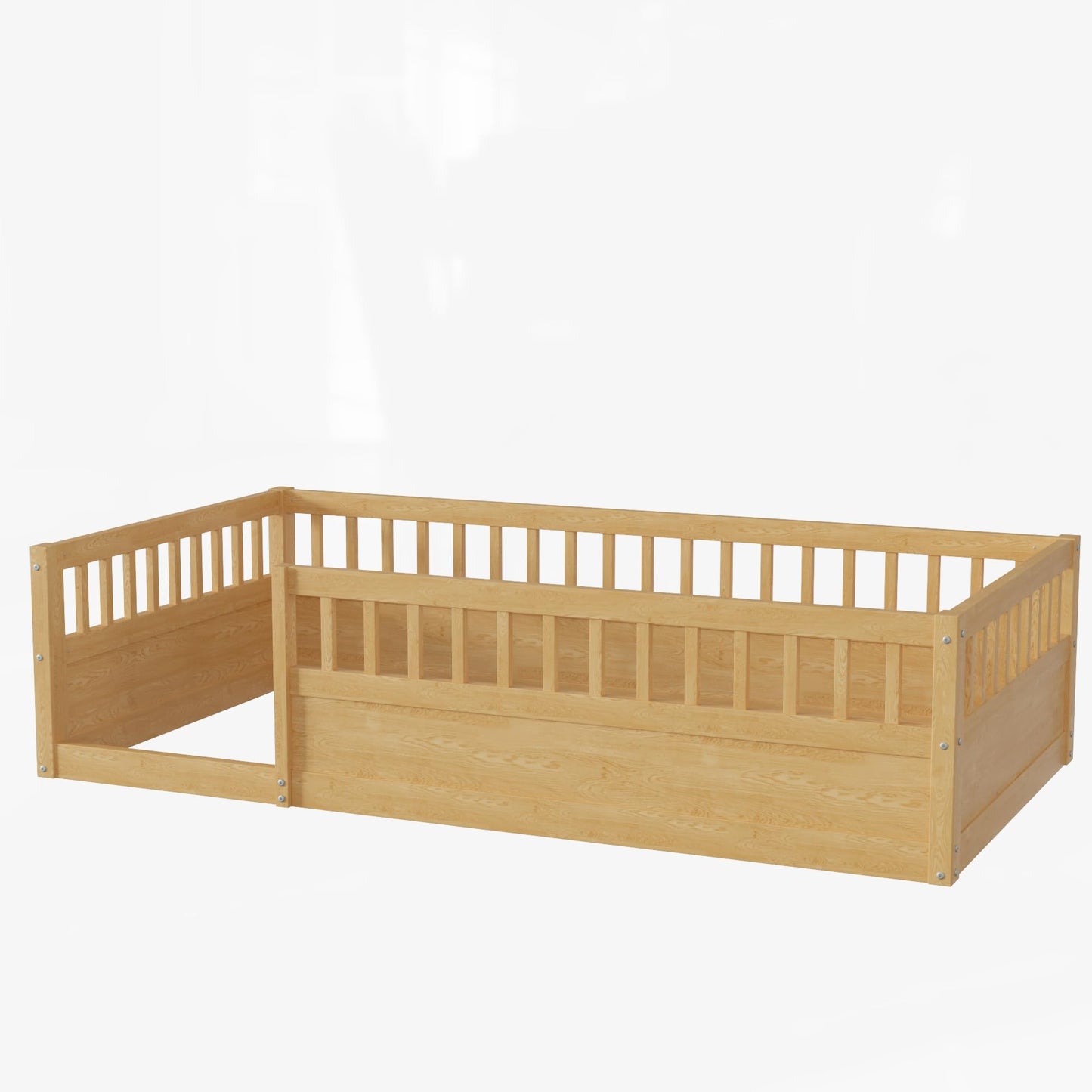 Mirightone Twin Size Montessori Floor Bed with High Fence Railings – Natural Wood Playhouse Design for Kids - WoodArtSupply