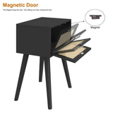 LAATOOREE Nightstand Set of 2, Small End Table with Rattan Door, Bedside Table with Solid Wood Feet, Boho Side Table for Bedroom Living Room Small Space - Black LAATOOREE