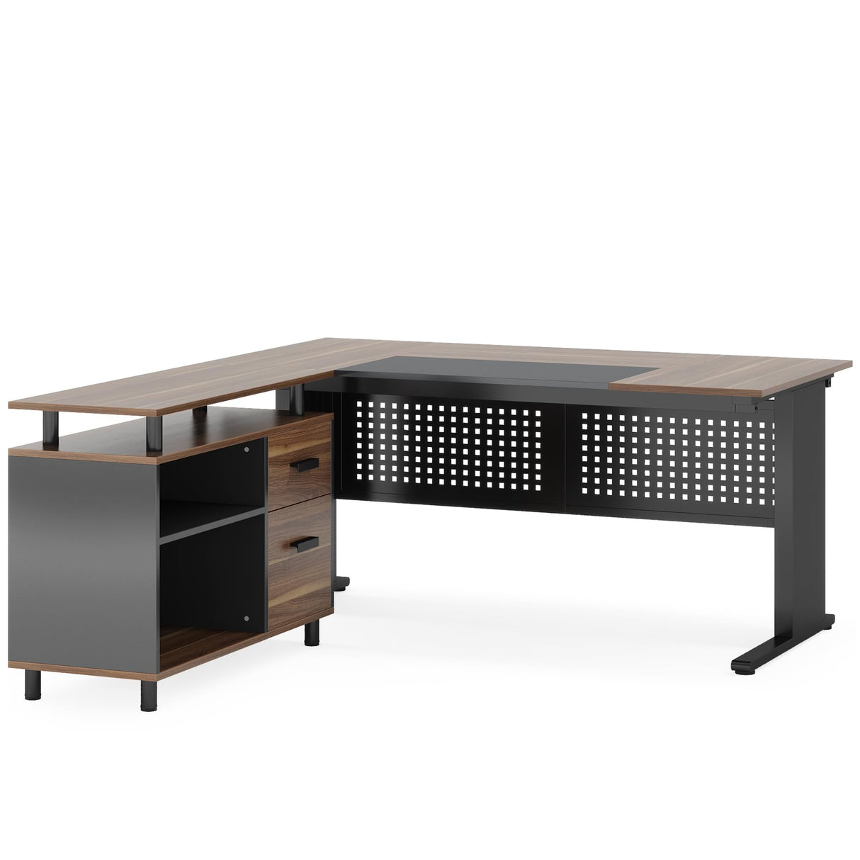 LITTLE TREE Large Computer Desk with File Cabinet, 63 Inch L Shaped Executive Office Desk with Drawers and Storage Shelves, Business Furniture Workstation for Home Office LITTLE TREE
