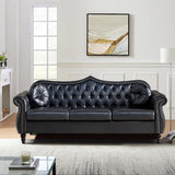 RUSTYER Chesterfield Three Seater Sofa, Mid-Century Modern Faux Leather 3-Seater Upholstered Couch, Tufted Living Room Sofa with 2 Pillows and Button Nailhead, Black RUSTYER