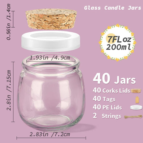 Syntic 40 Pack Small Glass Jars with Cork Lids, 7oz Empty Candle Jars for Making Candles, Yogurt Container with PE Lids for Wedding Favors, Baby Shower, Candy, Spices with Twine, Labels Syntic