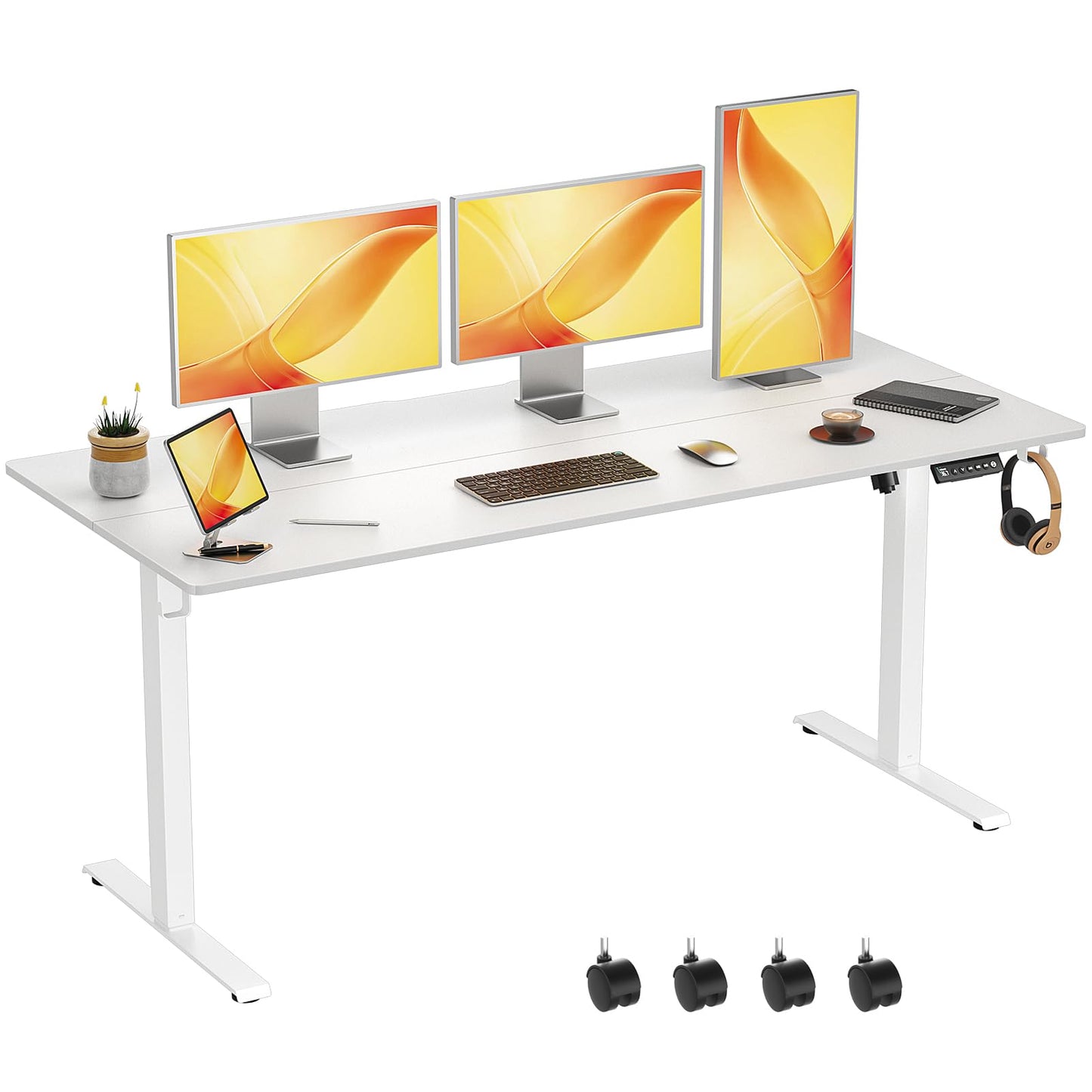 VVENACE 63'' x 28'' Electric Standing Desk Adjustable Height with Wheels, Sit Stand Up Desk, Home Office Desk, Rising Lifting Ergonomic Desk with Spliced Desktop White