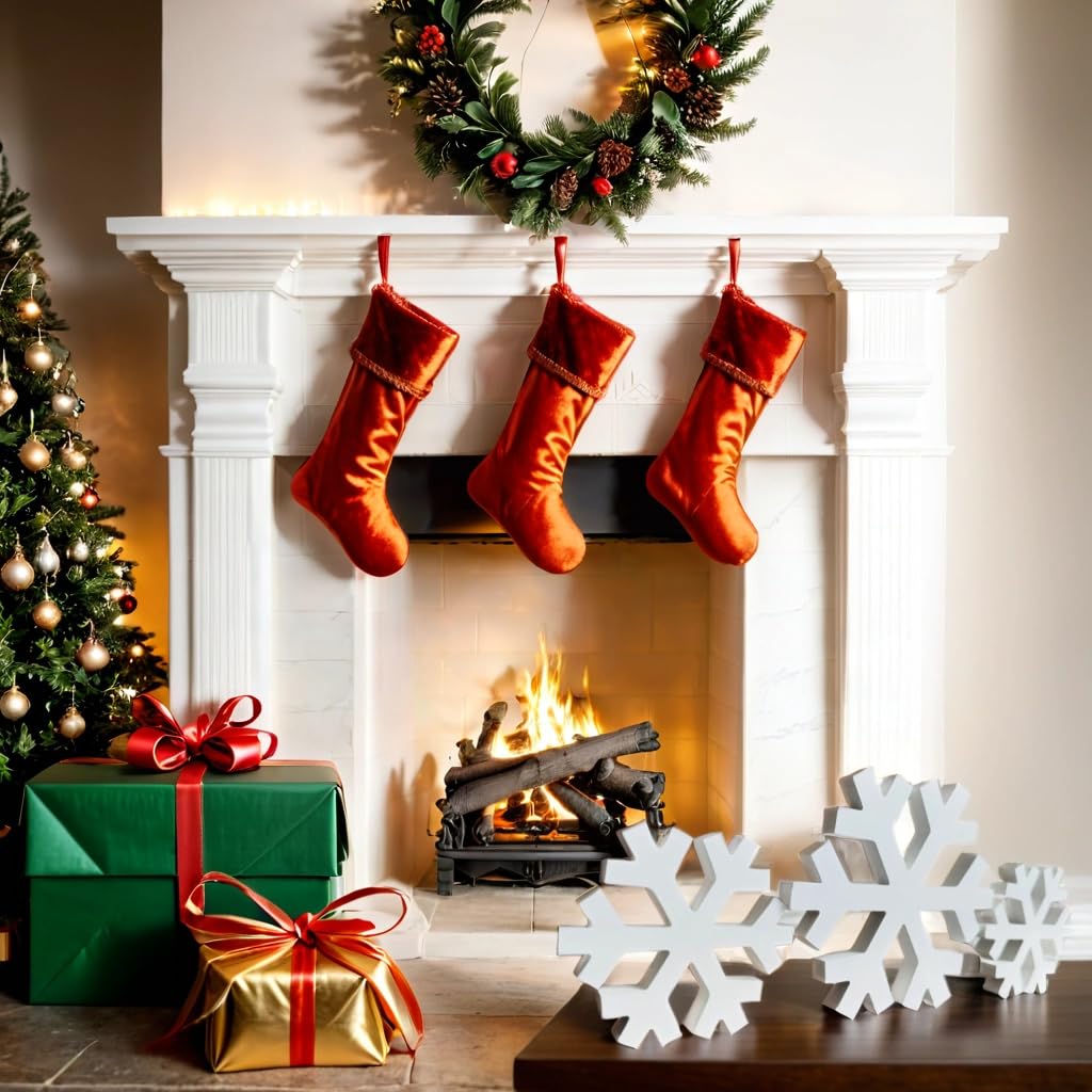 3pc Wood Snowflakes Christmas Decorations, Standing White Wooden Snowflakes Ornaments Winter Wonderland Decor, WellPainted Christmas Table Decor,Sturdy Large Snowflake Decor for Home Kitchen Fireplace AbologyMera