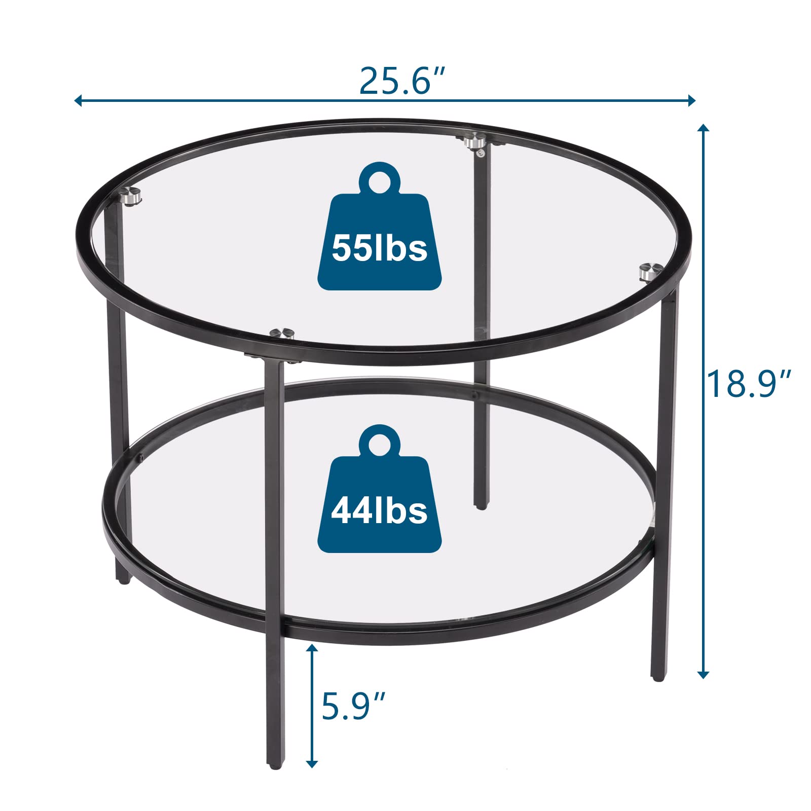 VINGLI 25.6" Round Black Coffee Tables for Living Room, 2-Tier Glass Top Coffee Table with Storage Clear Coffee, Simple & Modern Center Table for Small Space - WoodArtSupply