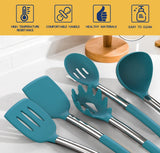 Silicone Cooking Utensil Set, Fungun Non-stick Kitchen 24 Pcs Cookware, Heat Resistant , Silicone Kitchen Tools Gift with Stainless Steel Handle (Blue-24pcs） Fungun