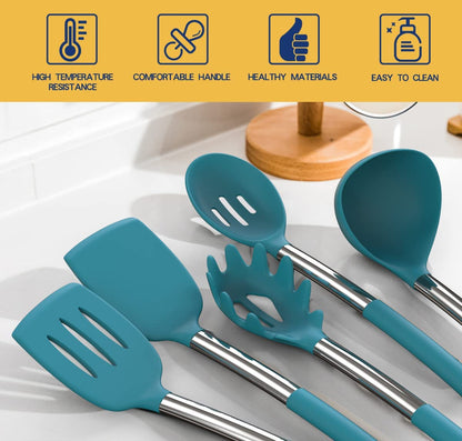 Silicone Cooking Utensil Set, Fungun Non-stick Kitchen 24 Pcs Cookware, Heat Resistant , Silicone Kitchen Tools Gift with Stainless Steel Handle (Blue-24pcs）