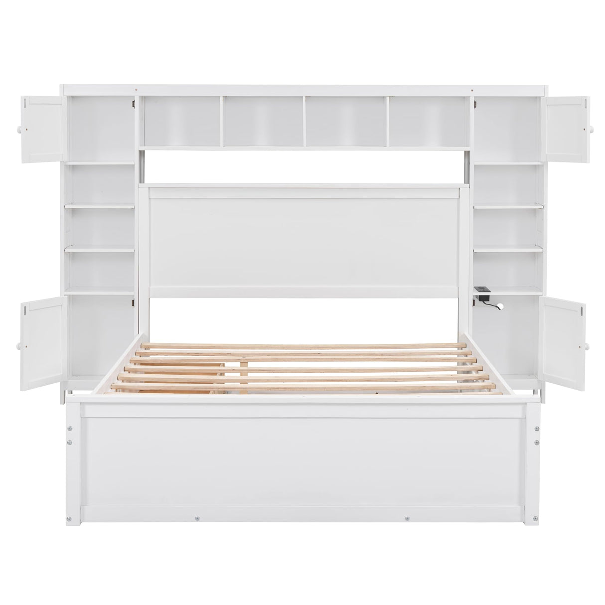 Queen Storage Bed with Bookcase Headboard, Queen Size Platform Bed with Trundle and 2 Storage Drawers, Solid Wood Queen Size Bed Frame with Cabinet and Shelf, No Box Spring Needed (White) Harper & Bright Designs