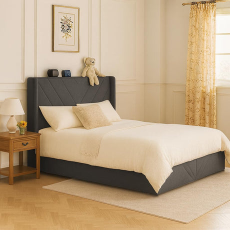 COMHOMA King Size Metal Bed Frame with Upholstered Headboard,Storage Drawers,USB & Type-C Charging Ports,No Box Spring Needed,Dark Grey COMHOMA