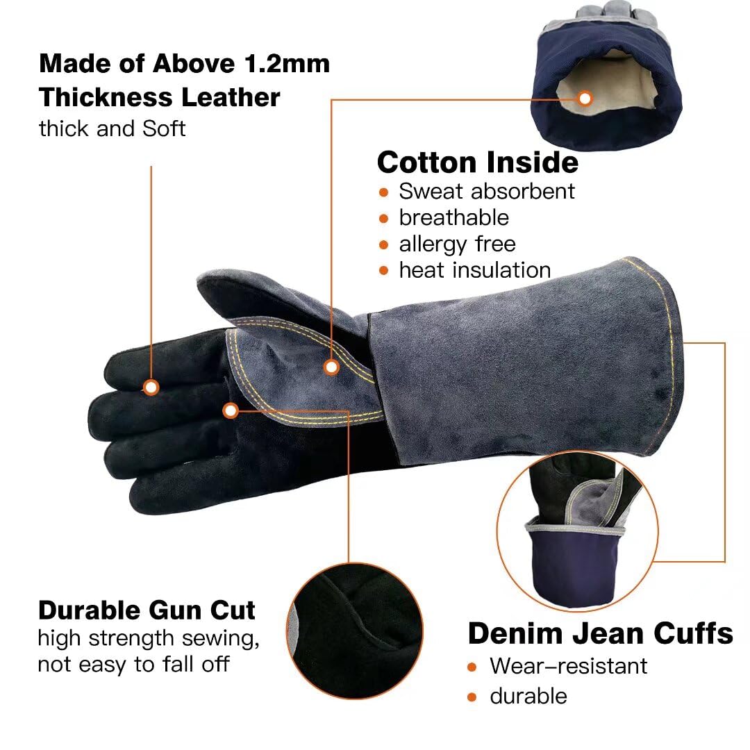WZQH 14 Inches,932℉,Leather Forge Welding Gloves small, Heat/Fire Resistant,Mitts for BBQ,Oven,Grill,Fireplace,Tig,Mig,Baking,Furnace,Stove,Pot Holder,Animal Handling Glove.Black-gray WZQH