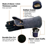 WZQH 14 Inches,932℉,Leather Forge Welding Gloves small, Heat/Fire Resistant,Mitts for BBQ,Oven,Grill,Fireplace,Tig,Mig,Baking,Furnace,Stove,Pot Holder,Animal Handling Glove.Black-gray WZQH