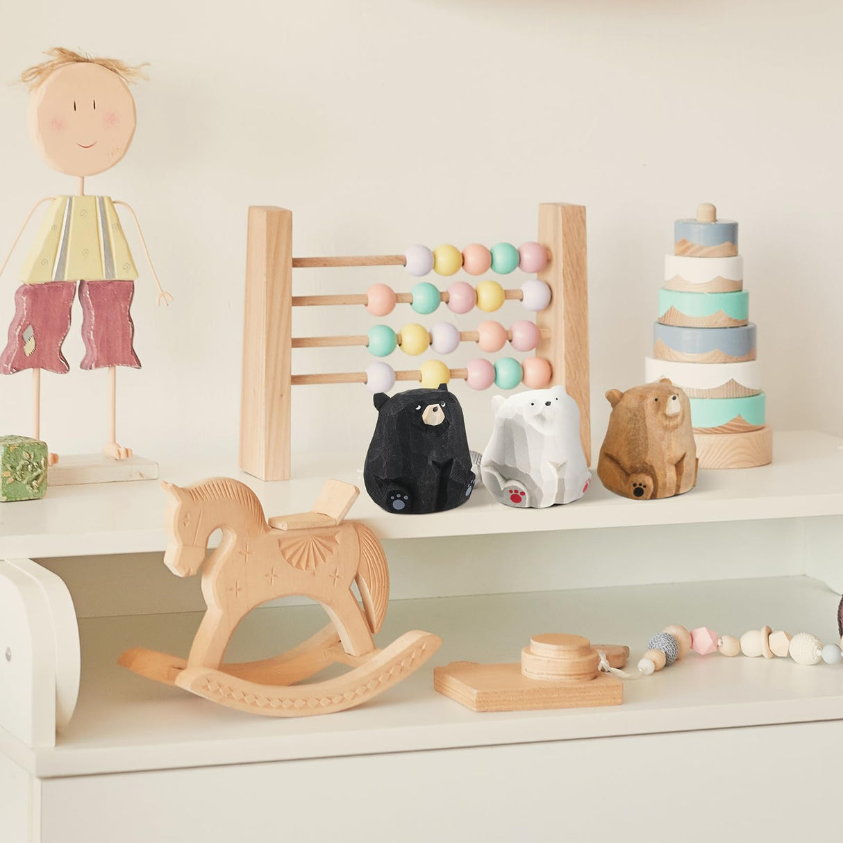 Lineshading 3 Pcs Miniature Bear Statues Funny Wooden Bear Figurines Safari Nursery Decor Woodland Animal Nursery Decor Rustic Wooden Animal Figurines for Nursery Bedroom Playroom Gift, 1.2 x 1.4 Inch Lineshading