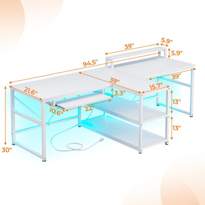 SEDETA 94.5" White Computer Desk, Two Person Gaming Desk with LED Light, Keyboard Tray, Power Strip with USB, Monitor Shelf & Storage, Extra Long Double Desk for Home Office, White. - WoodArtSupply
