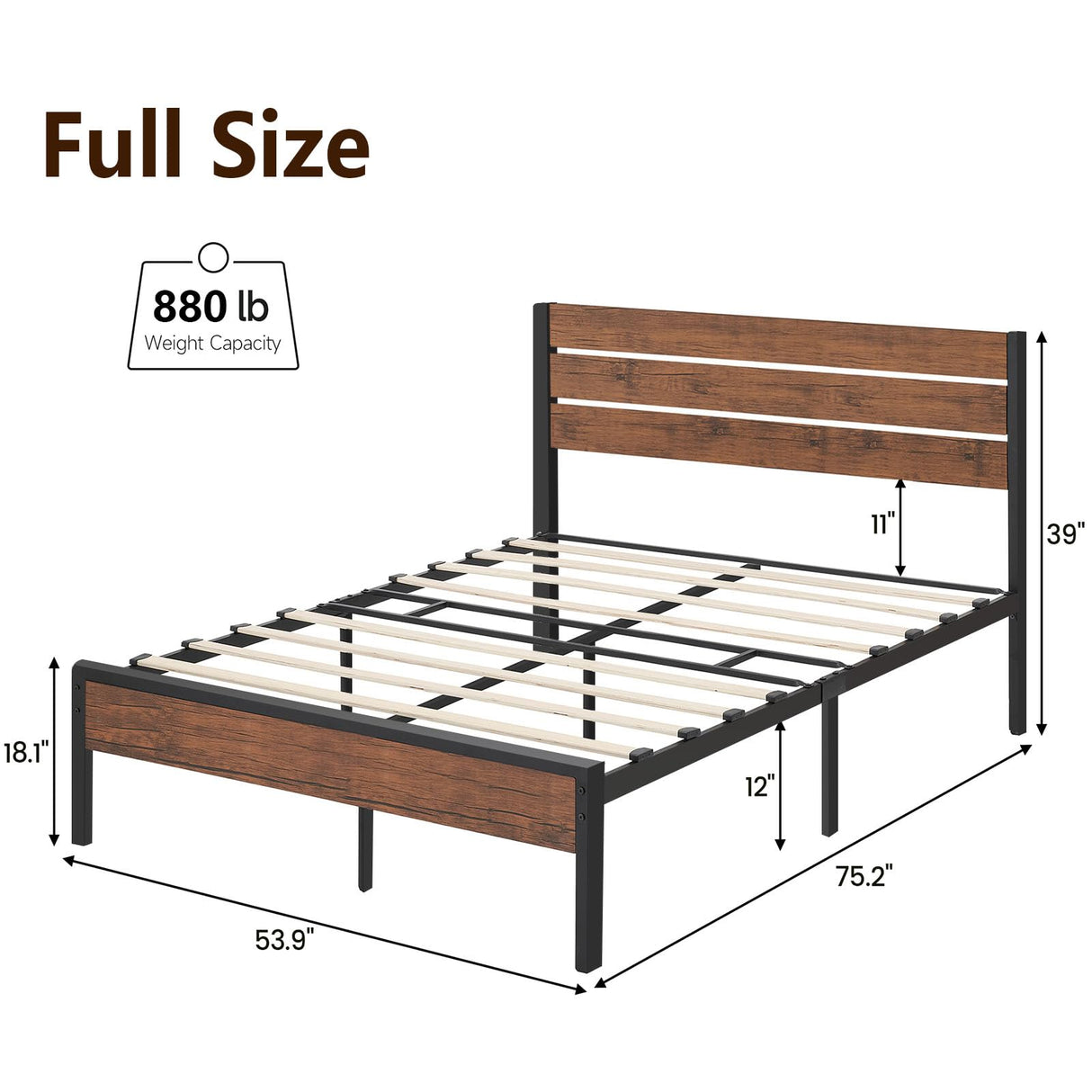 SunnyFurn Rustic Full Bed Frame with Headboard,Metal Platform Farmhouse Bed Frame Wood Slat,Sturdy Heavy Duty Bed Frame,No Box Spring Needed,Easy Assembly,Under Bed Storage, Rustic Brown, Full Size SunnyFurn