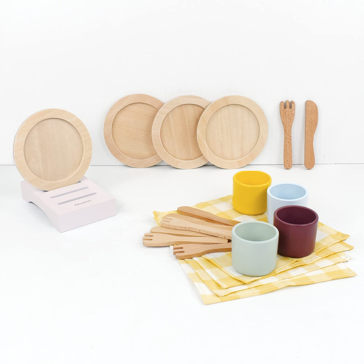 Pillowhale Wooden Toy Plates and Dishes Set,Play Kitchen Cutlery and Plate Set,21Piece Kids Kitchen Playset Accessories for Toddlers Boys Girls Ages 3+ Pillowhale