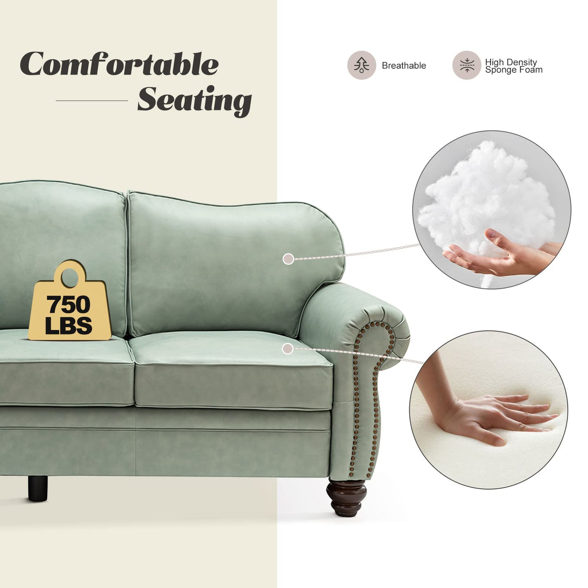 HULALA Home 81'' Upholstered Leather Sofa with Nailhead Trim and Rolled Armrests, Mid-Century Modern Living Room 3-Seater Couch, Sage Couch with Removable Cushion for Bedroom Apartment HULALA HOME