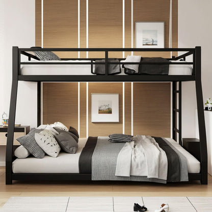 UOCFYK Full XL Over Queen Bunk Bed for Teens and Adults, Heavy-Duty Metal Bunk Bed Frame with Full Length Guardrail and Ladder, Noise Reduced & No Box Spring Needed, Black