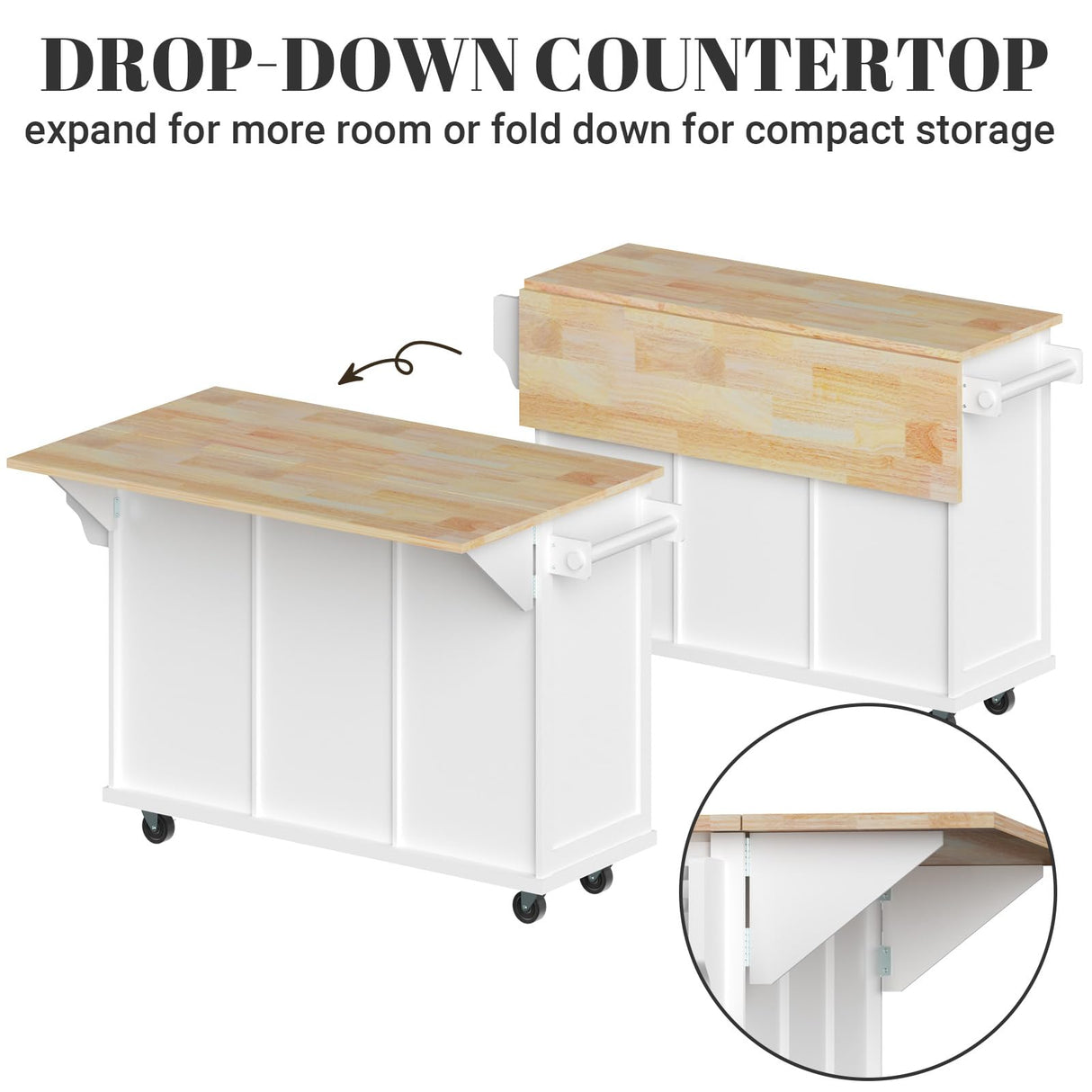 Rovibek Kitchen Island with Drawers 53 in Rolling Island Cart Mobile Solid Wood Portable Islands on Wheels with Storage Cabinet & Drawers, White Rovibek