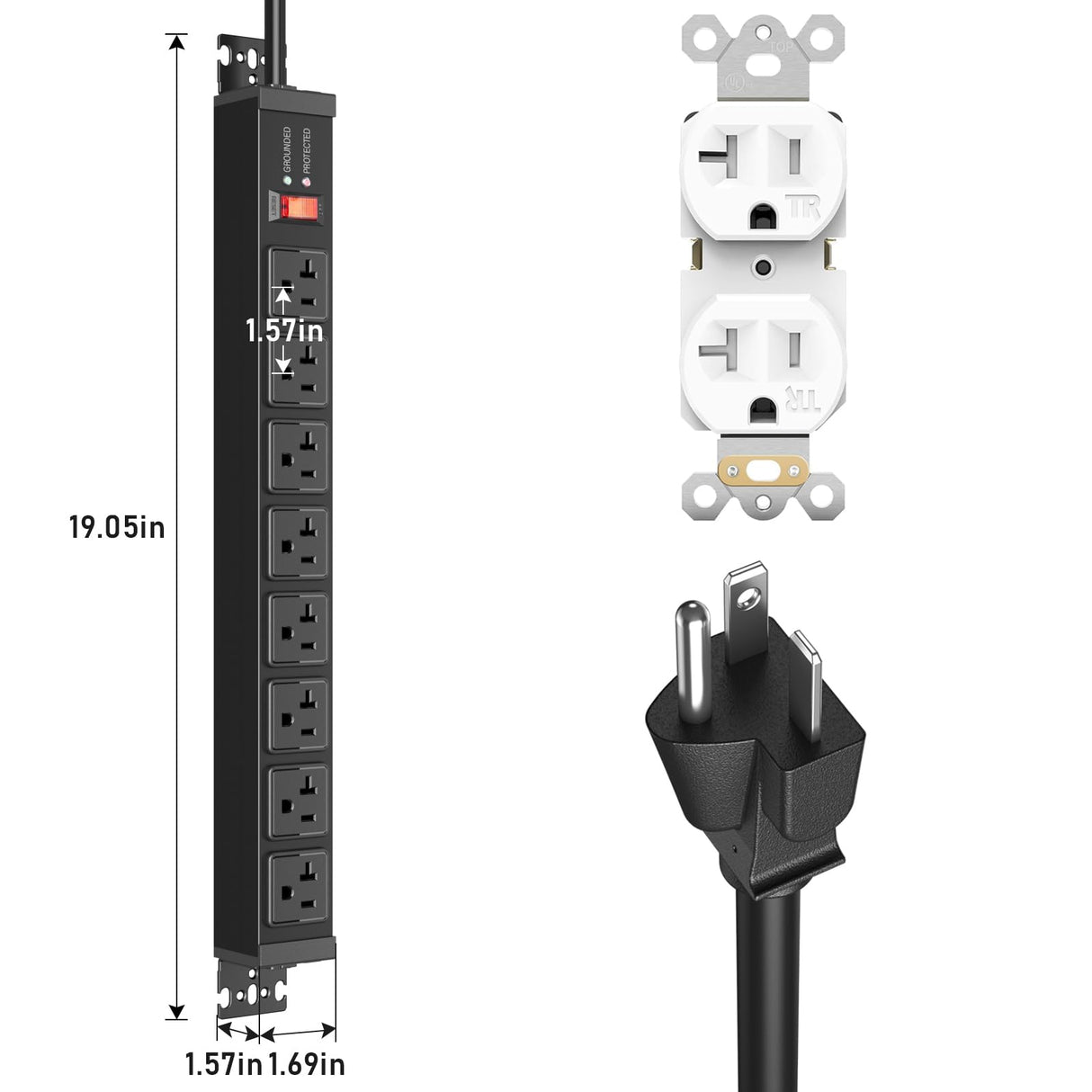 JUNNUJ 20 Amp Power Strip Surge Protector 4800J, Heavy Duty 8 Outlet Metal Multi Angle Mount, 20A Garage Power Strip Shop 6-20R T-Slot, 5-20P Plug 12 Gauge Extension Cord 6ft for Appliance JUNNUJ