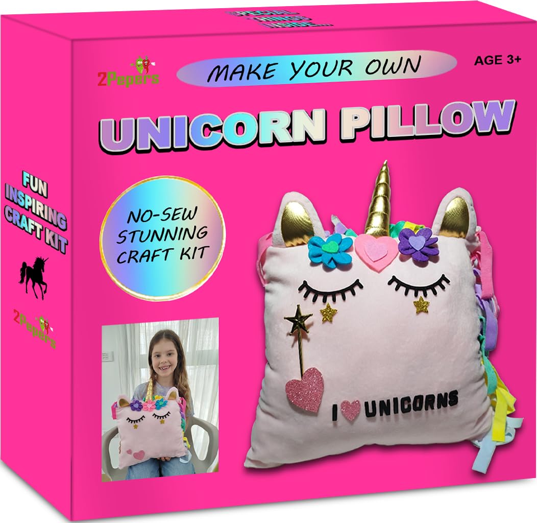 2Pepers Unicorn Pillow Kit Arts and Crafts for Girls 3 4 5 6 7 8 9 10 11 12 Years Old (No Sew), DIY Unicorn Craft Supplies Plush Toy Stuffed Pillow, Best Kids Easter Present for Little Girls 2Pepers