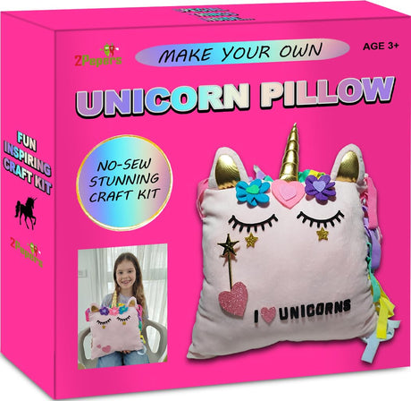 2Pepers Unicorn Pillow Kit Arts and Crafts for Girls 3 4 5 6 7 8 9 10 11 12 Years Old (No Sew), DIY Unicorn Craft Supplies Plush Toy Stuffed Pillow, Best Kids Easter Present for Little Girls 2Pepers