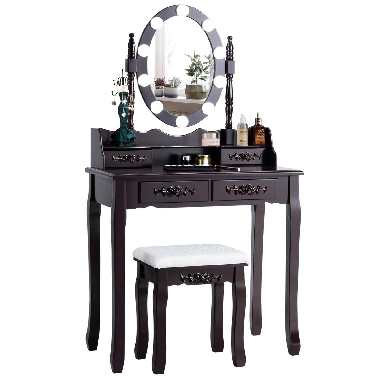 MAT EXPERT Vanity Desk Set with Lighted Mirror, Versatile Dresser w/Padded Stool & 4 Drawers, Makeup Organizer Table w/360° Rotatable Mirror & 10 Adjustable Light, Modern Bedroom Vanities (Brown) MAT EXPERT