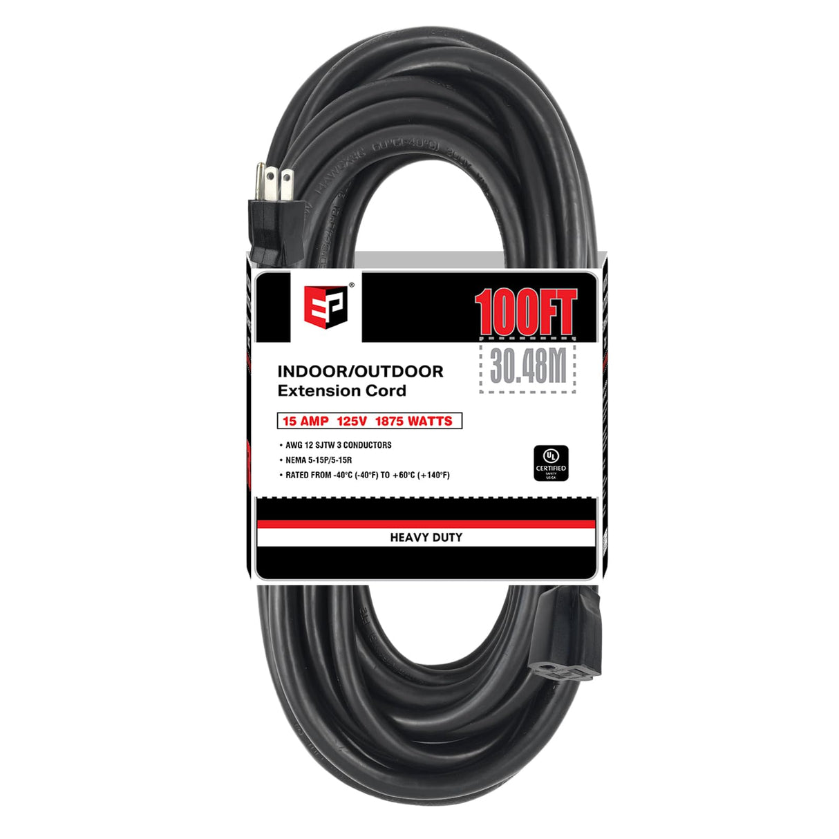 EP 100 Ft Outdoor Extension Cord - 12/3 SJTW Heavy Duty Black Extension Cable with 3 Prong Grounded Plug - Power Cord for Lawn, Garden, Appliances EP