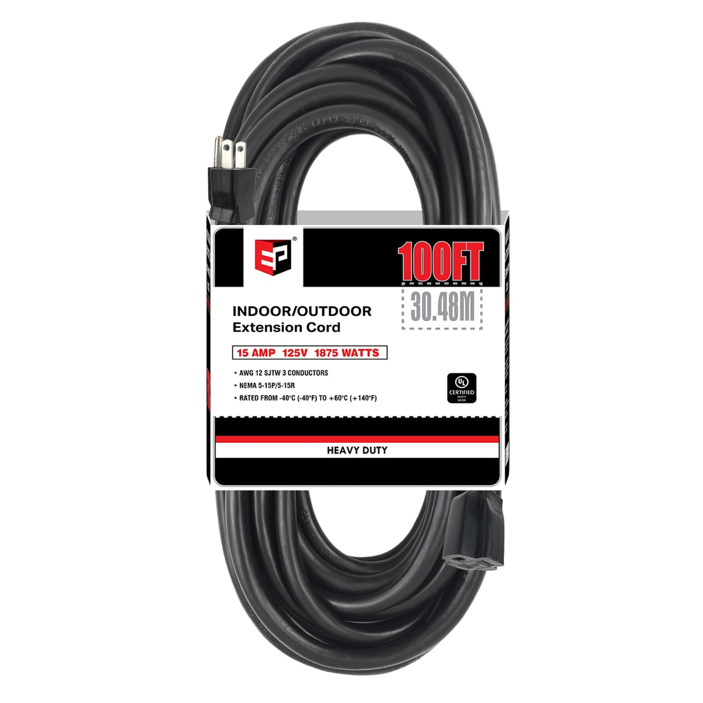 EP 100 Ft Outdoor Extension Cord - 12/3 SJTW Heavy Duty Black Extension Cable with 3 Prong Grounded Plug - Power Cord for Lawn, Garden, Appliances - WoodArtSupply