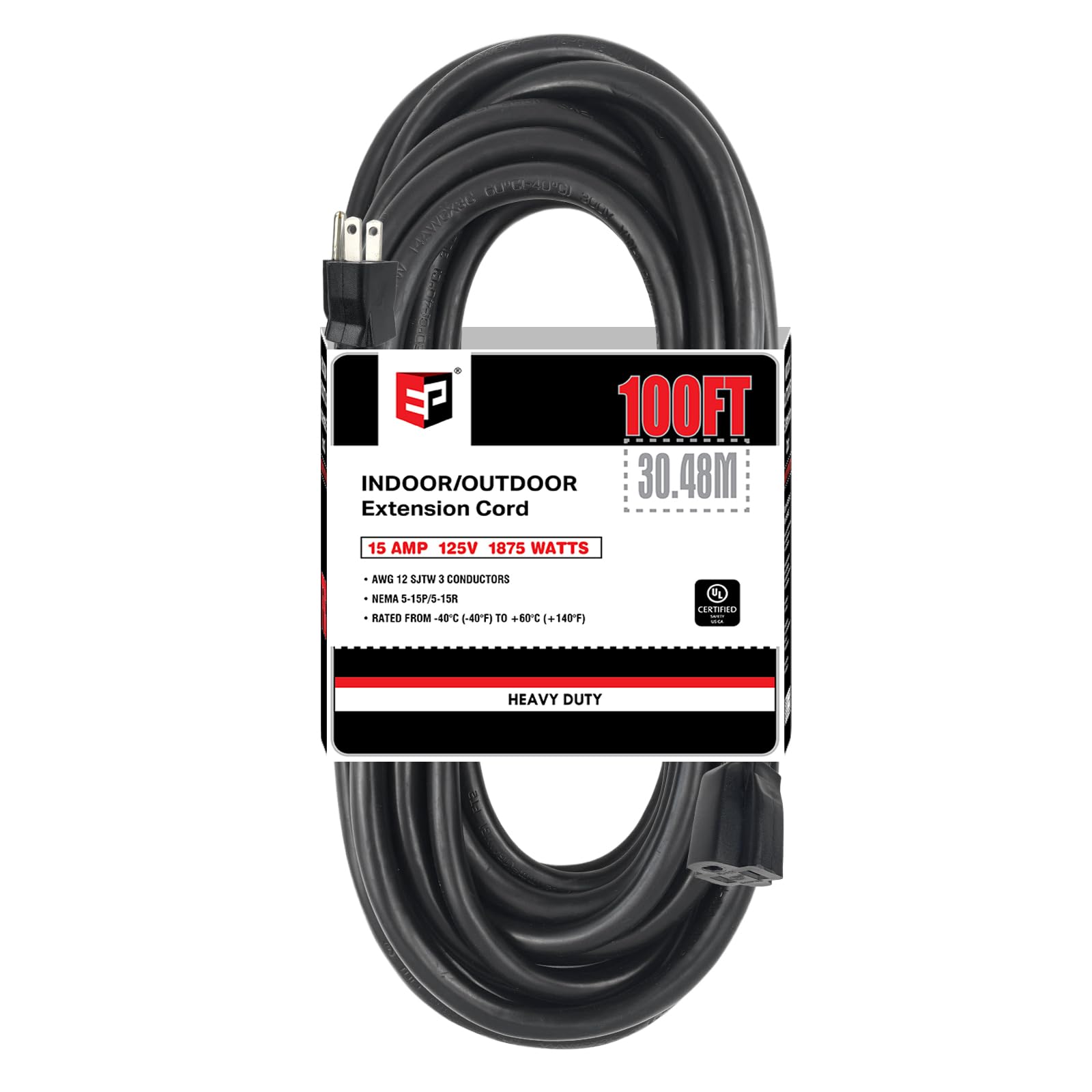 EP 100 Ft Outdoor Extension Cord - 12/3 SJTW Heavy Duty Black Extension Cable with 3 Prong Grounded Plug - Power Cord for Lawn, Garden, Appliances - WoodArtSupply