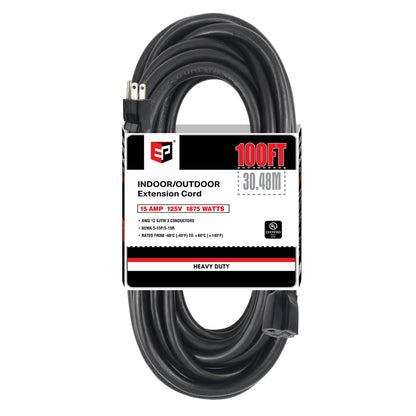 EP 100 Ft Outdoor Extension Cord - 12/3 SJTW Heavy Duty Black Extension Cable with 3 Prong Grounded Plug - Power Cord for Lawn, Garden, Appliances - WoodArtSupply