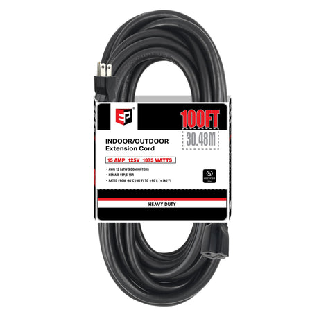 EP 100 Ft Outdoor Extension Cord - 12/3 SJTW Heavy Duty Black Extension Cable with 3 Prong Grounded Plug - Power Cord for Lawn, Garden, Appliances EP