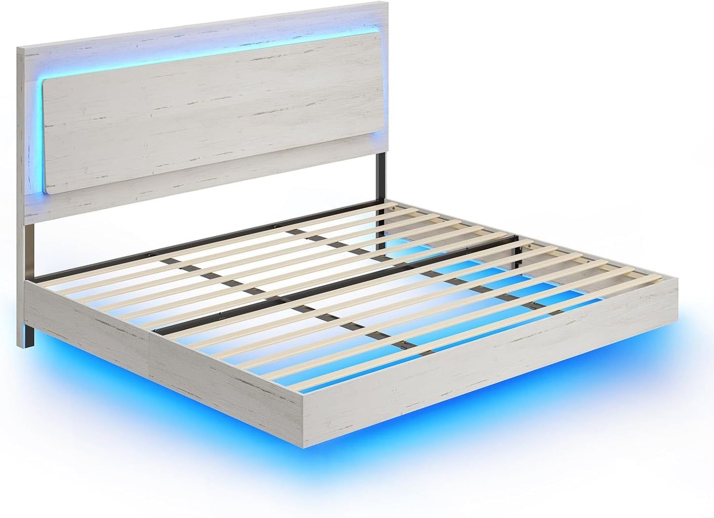 AMERLIFE Distressed White King Floating Bed Frame with LED Mood Lighting and Recline Headboard - WoodArtSupply