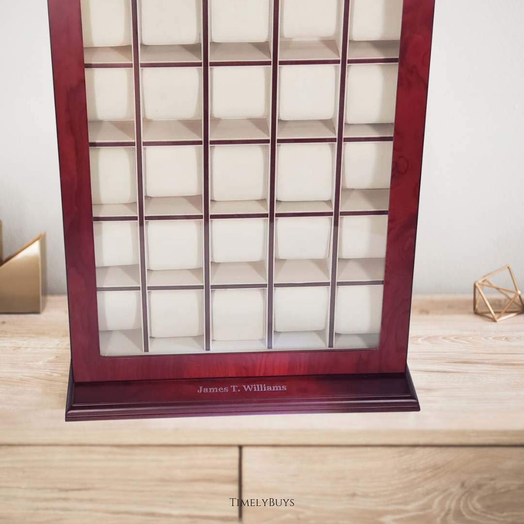 TimelyBuys 30 Piece Cherry Wood Personalized Watch Display Wall Hanging Case and Storage Organizer Box and Stand TimelyBuys