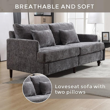 AZSJML 2 Pieces Sofa Couch Set for Living Room, 68'' Mid Century Modern Loveseat and Accent Chair Set, Chenille Sofa Comfy Cloud Couch with Deep Seats for Small Spaces Apartment Bedroom, Grey