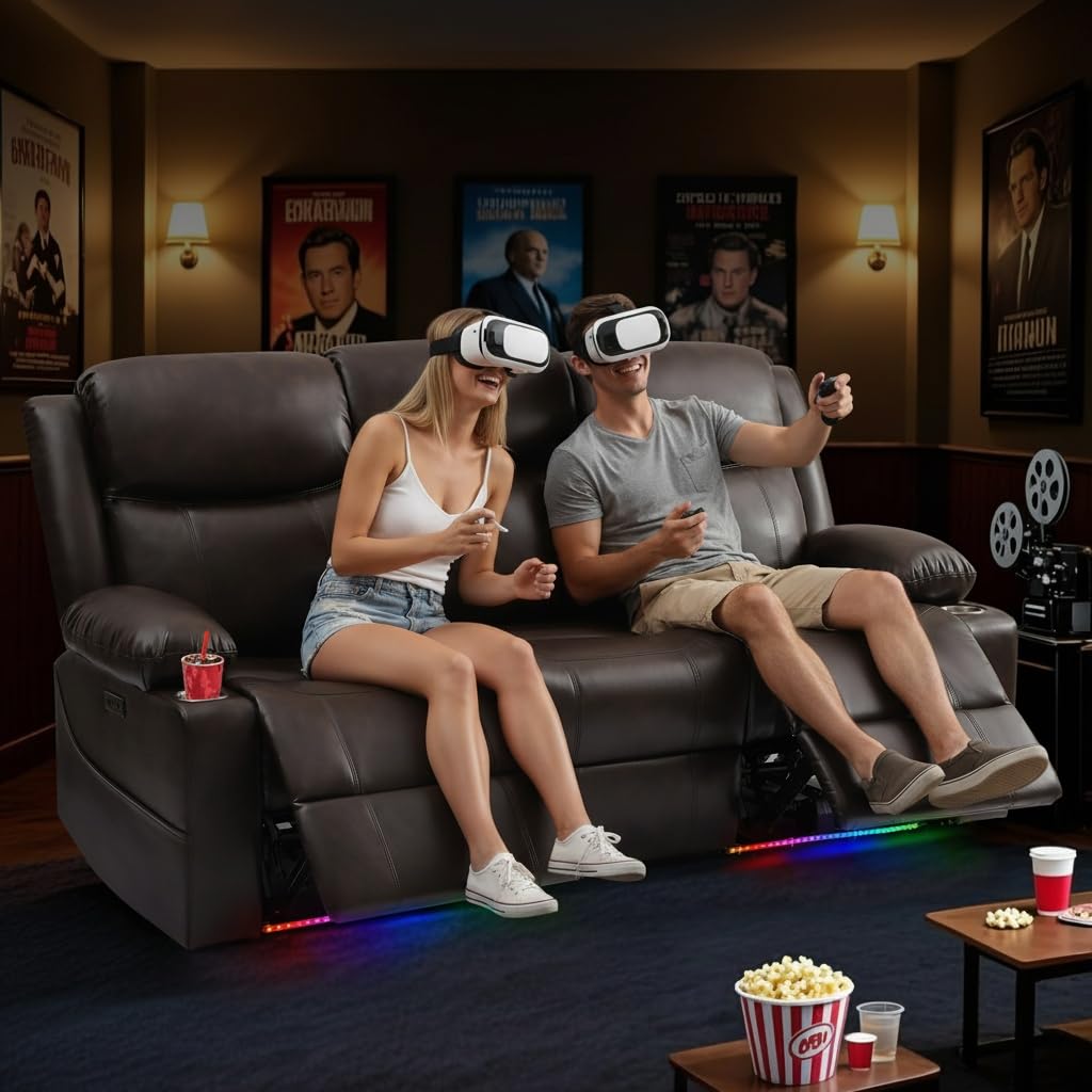 Power Recliner Sofa with LED Lights, USB Charging & Console – PU Leather Wall Hugger Couch for RV, Home Theater & Living Room Electric Reclining Sofa with Cup Holders& Zero-Wall Clearance Design LURVIA