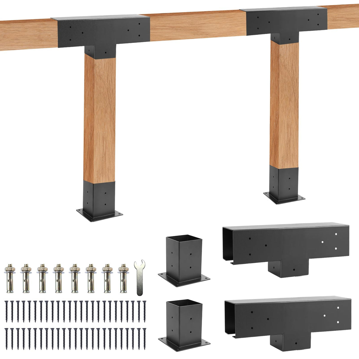 Pergola Brackets Kit 4x4 - BRRIY 3-Way Right Angle Corner Bracket, Pergola Brackets Base Kit with 2 T-Brackets and 2 Bases, Gazebo Hardware Kit for Extension Gazebo BRRIY