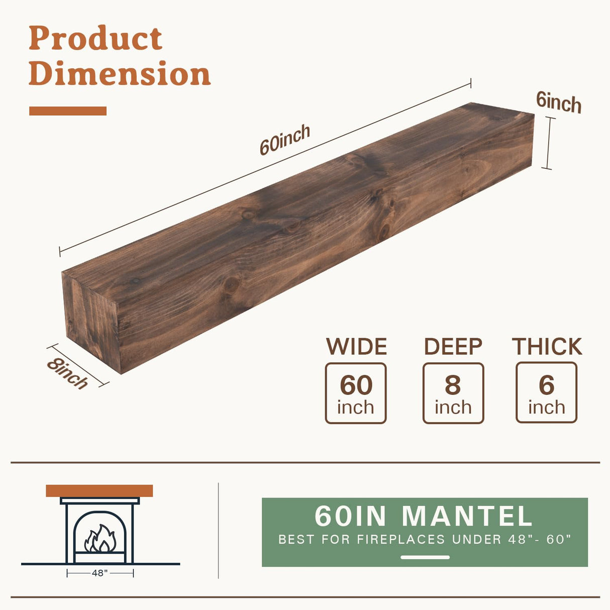 Fireplace Mantel, 60 Inches Hollow Wood Mantel with Invisible Heavy Duty Wood Bracket, Faux Fireplace Mantel for Over Fireplace, Rustic Floating Shelves for Wall, Brown Weyderk