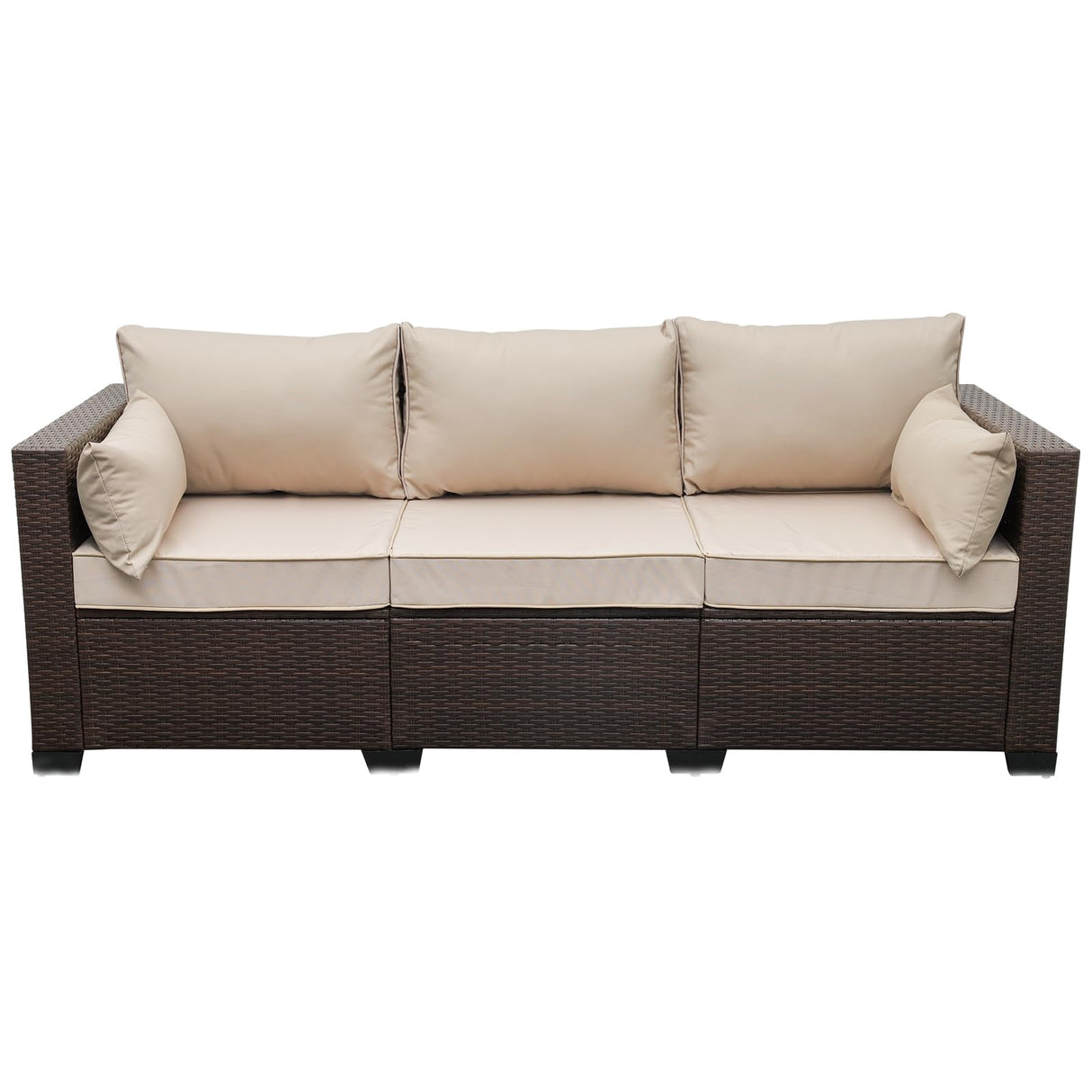 WAROOM Patio Couch PE Wicker 3-Seat Outdoor Brown Rattan Sofa Deep Seating Furniture with Non-Slip Beige Cushion WAROOM