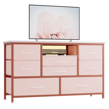 TrailBlaze Dresser Tv Stand with Power Outlet for 55'' Long TV, Wide Chest of Drawer for Storage Entertainment Center with 8 Deep Drawers in Living Room Bedroom Closet Hallway (Pink) TrailBlaze