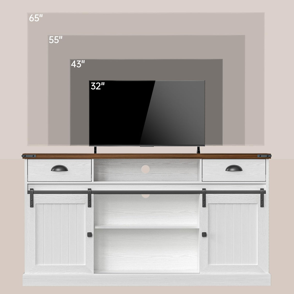 AntsandAnts Farmhouse TV Stand with Sliding Barn Doors & 2 Drawers - Entertainment Center for 65 inch TV, Rustic TV Console with Storage, Living Room TV Cabinet for 65" Television, White AntsandAnts