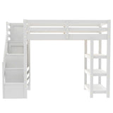 Harper & Bright Designs Twin Size Loft Bed with Stairs and LED Lights, Wood Twin Loft Bed with Storage Shelves and Wardrobe, Loft Bed Frame with Guardrails for Kids Girls Boys, White Harper & Bright Designs