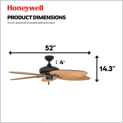 Honeywell Ceiling Fans Palm Island, 52 Inch Tropical Indoor Outdoor Ceiling Fan with No Light, Pull Chain, Three Mounting Options, 5 Palm Leaf Blades, Damp-Rated - 50505-01 (Bronze)