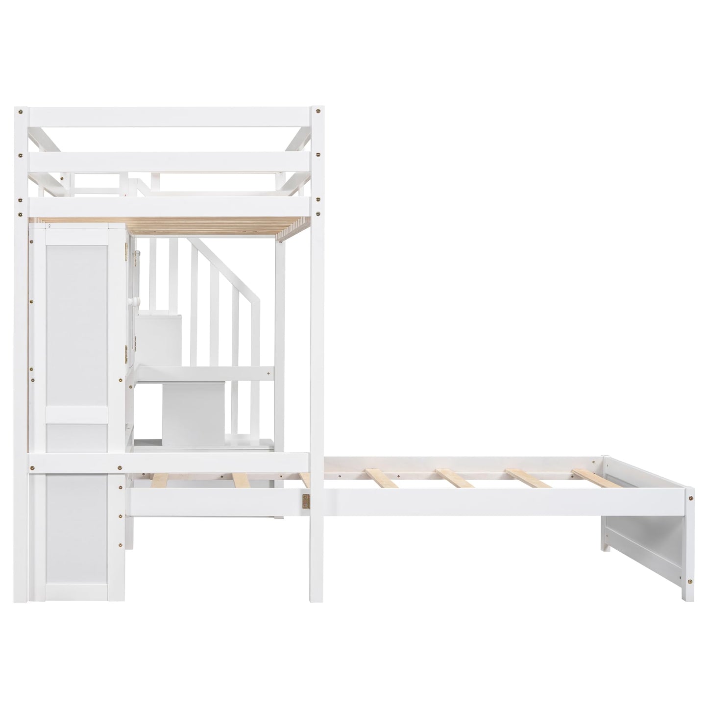 Twin over Twin Bunk Bed with Stairs and Desk, Solid Wood Loft Bed with Storage Shelves and Drawers, Stairway Bunk Bed Frame with Bookcase Headboard for Kids Teens Adults - White