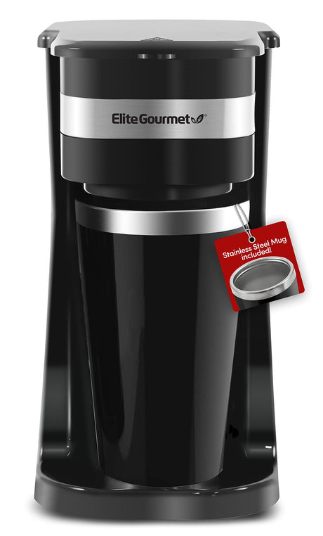 Elite Gourmet EHC114 Personal Single-Serve Compact Coffee Maker Brewer Includes 14Oz. Thermal Travel Mug with Stainless Steel Interior, Compatible with Coffee Grounds, Reusable Filter, Black Elite Gourmet