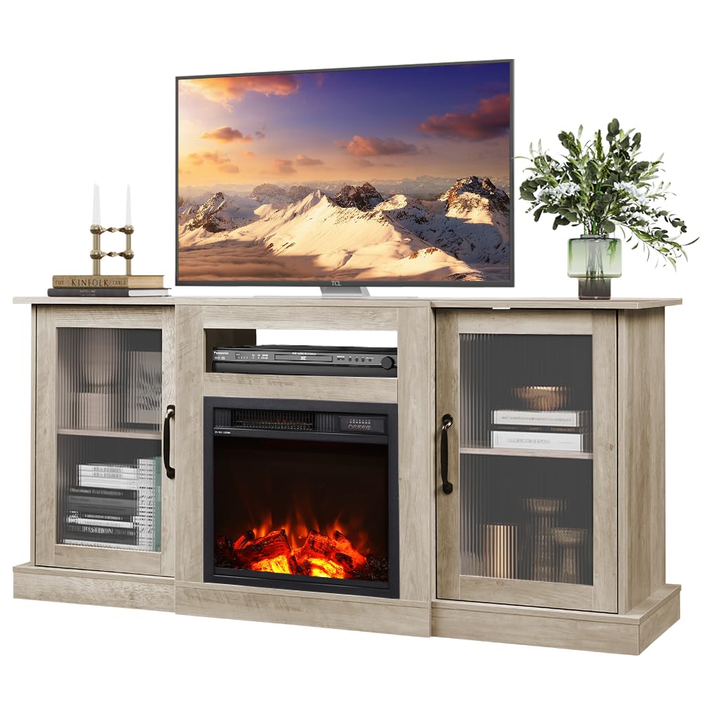 WLIVE Fireplace TV Stand for 65" TV, Entertainment Center with 18 Inch Electric Fireplace, TV Console with Open Shelves for Living Room and Bedroom, Greige