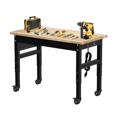 MISHAO 48" Adjustable Workbench on Wheels, Rubber Wood Heavy-Duty Worktable w/Power Outlet & Pegboard, 2000 LBS Load Capacity Hardwood Workstation for Garage, Workshop, Office, Home - WoodArtSupply