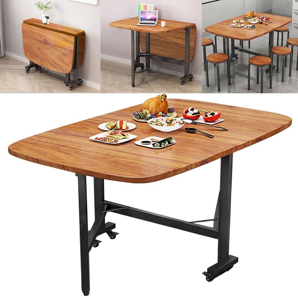 Rukulin Multifunction Table Drop Leaf Dining Table - 47" Solid Wooden Foldable Kitchen Table with 6 Wheels (Brown) Rukulin