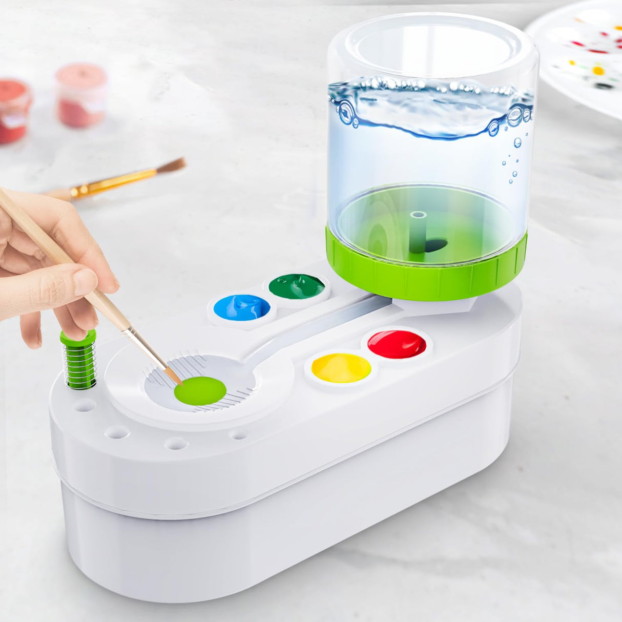 NIUCOO 2025 Upgraded Paint Brush Cleaner for Artists, Kids Painting Station with Brush Washer, Portable Paint Station & Rinsing Tool, Art Supplies Cleaning System for Children Adults (White-Green) NIUCOO